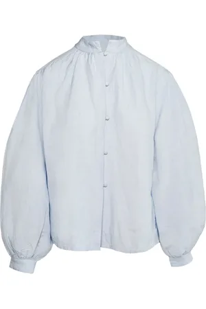 Hest Hést, Blouses & Shirts, Dames, Blauw, XL, Denim, Faded Denim Geweven Blouse met Pofmouwen