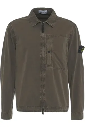 Stone Island Jassen, Heren, Groen, M, Katoen, Geborsteld katoenen canvas Overshirt 