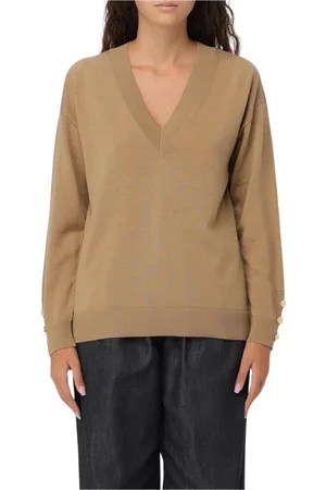 Michael Kors Truien, Dames, Bruin, M, Wol, Kameel V-hals Wollen Trui