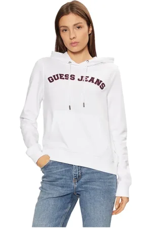 Guess Sweatshirts & Hoodies, Dames, Wit, L, Katoen, Elastische Gebreide Hoodie met Kangoeroezak