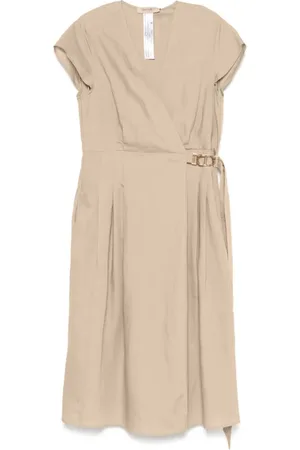 Twin-Set Kleedjes, Dames, Bruin, M, Wrap V-Neck Jurk Zand Beige
