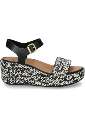FitFlop Schoenen, Dames, Veelkleurig, 37 EU, Leer, Zwarte sleehak sandaal met leer en synthetisch geweven raffia