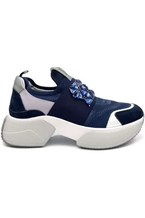 Jeannot Schoenen, Dames, Blauw, 35 EU, Satijn, Blauwe Satijnen Sneaker met Strass
