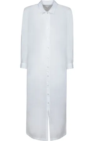 120% Lino Kleedjes, Dames, Wit, 2Xs, Linnen, Witte Linnen Chemisier Jurk Driekwartmouwen