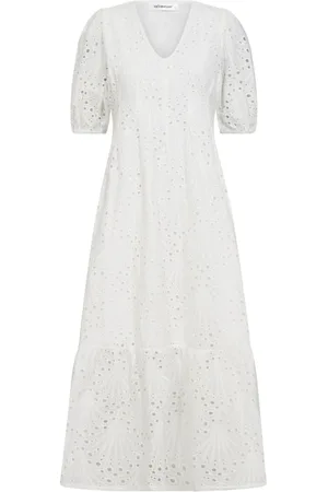 Co`Couture Kleedjes, Dames, Wit, XS, Katoen, Witte Anglaise Plooi Jurk