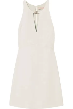 Twin-Set Kleedjes, Dames, , S, Linnen, Ivoor Jurk met Metalen T Detail