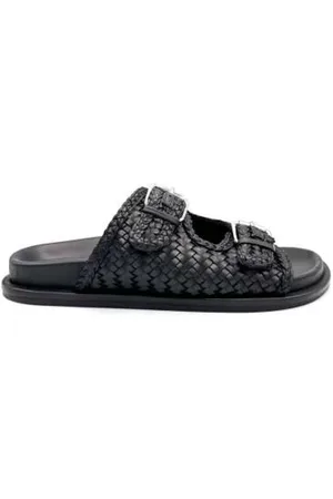 Elena Iachi Schoenen, Dames, Zwart, 37 EU, Leer, Gevlochten leren platte sandaal zwart