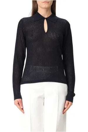 Max Mara Tops, Dames, Zwart, L, Linnen, Elegante Beige Geribbelde Gebreide Polo Sweater