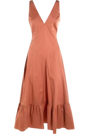 Twin-Set Kleedjes, Dames, Oranje, M, Katoen, Bruine Katoenen Midi Jurk met V-Hals