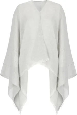 PESERICO SIGN Jassen, Dames, Grijs, ONE Size, Katoen, Grijze Linnen en Katoenen Poncho met Franjes