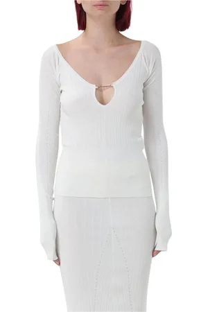 Jacquemus Truien, Dames, Wit, XS, Geribbelde Gebreide V-hals Top met Gouden Kettingdetail