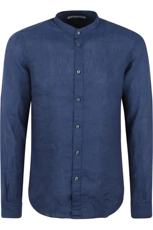 Brian Dales Overhemden, Heren, Blauw, XS, Linnen, Linnen overhemd met mandarijnkraag