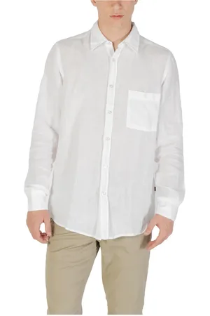 HUGO BOSS Overhemden, Heren, Wit, M, Linnen, Elegante Linnen Overhemd Lange Mouw Heren