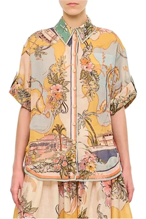 ZIMMERMANN Blouses & Shirts, Dames, Veelkleurig, S, Linnen, Bloemenprint Linnen Overhemd