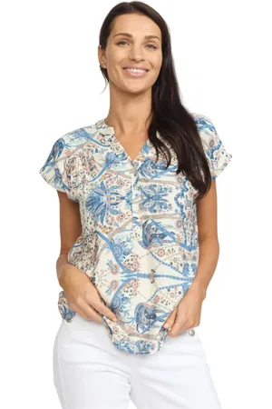 2-Biz Blouses & Shirts, Dames, Veelkleurig, S, Blauwe Antieke Blouse met Korte Mouwen