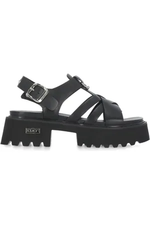 Cult Schoenen, Dames, Zwart, 36 EU, Zwarte Leren Sandalen met Enkelband