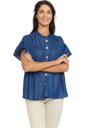 2-Biz Blouses & Shirts, Dames, Blauw, 2Xl, Denim, Blauwe Denim Blouse met Ruchesmouwen