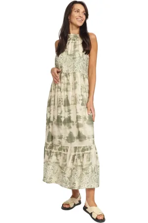 2-Biz Kleedjes, Dames, Veelkleurig, XL, Khaki Border Jurk met Strik Hals