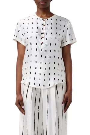 ALYSI Blouses & Shirts, Dames, Wit, XS, Polka Dot Zijden Blouse Korte Mouwen