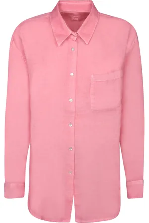 120% Lino Blouses & Shirts, Dames, Roze, M, Linnen, Elegante Linnen Overhemd met Lange Mouwen