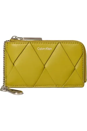 Calvin Klein Accessoires, Dames, Geel, ONE Size, Polyester, Groene Leren Kaarthouder Portemonnee