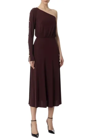 Elisabetta Franchi Kleedjes, Dames, Bruin, M, Een-schouder jersey jurk met gouden knopen