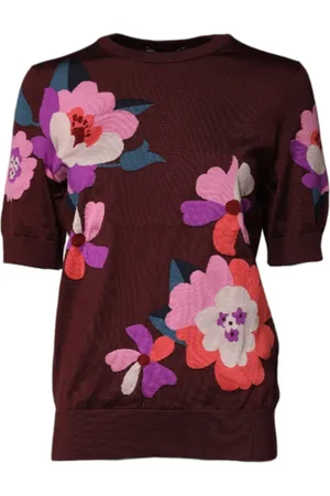 Dolce & Gabbana Sweatshirts & Hoodies, Dames, Bruin, M, Maroon Bloemen Zijden Crew Neck Blouse