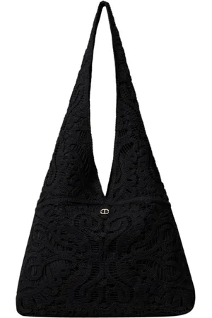 Twin-Set Tassen, Dames, Zwart, ONE Size, Katoen, Gehaakte schoudertas met ovaal logo