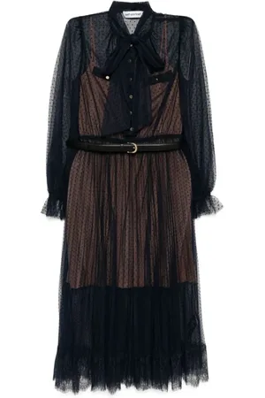 Self-Portrait Kleedjes, Dames, Veelkleurig, M, Navy Polka Dot Mesh Midi Jurk