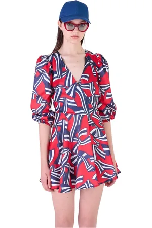 Silvian Heach Kleedjes, Dames, Rood, XL, Polyester, Gebloemde korte jurk met V-hals en ballonmouwen