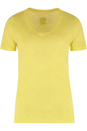 120% Lino Tops, Dames, Geel, M, Linnen, V-hals Linnen T-shirt