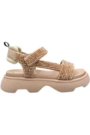 Jeannot Schoenen, Dames, , 41 EU, Leer, Kralen nude sandalen met klittenbandsluiting