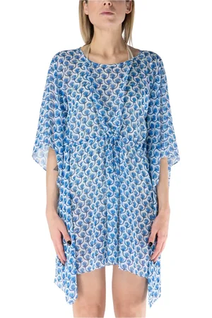MC2 SAINT BARTH Kleedjes, Dames, Blauw, ONE Size, Zijden Kaftan met Bloemenprint Jurk