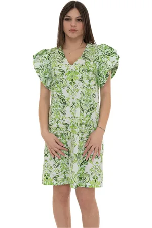 Liu Jo Kleedjes, Dames, Groen, S, Katoen, V-hals Mini Jurk met Volant Mouwen