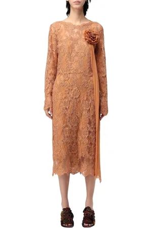 ERMANNO SCERVINO Kleedjes, Dames, Bruin, S, Bruine Kant Midi Jurk met Bloemdetail