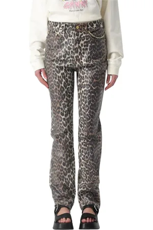 Ganni Jeans, Dames, Bruin, W28, Leopard Print Straight Leg Jeans