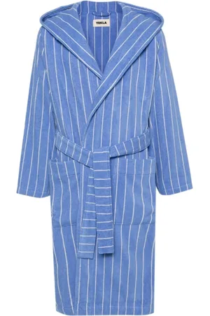 Tekla Nachtkleding & Lounge, Dames, Blauw, L, Katoen, Gestreepte katoenen badjas met capuchon