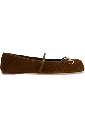 Gucci Schoenen, Dames, Bruin, 41 EU, Bruin Leren Platte Schoenen met Handtekeningdetail
