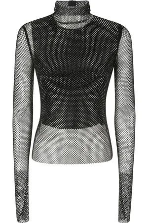 Sportmax Tops, Dames, Zwart, M, Polyester, Glitter Mesh Top met Hoge Kraag