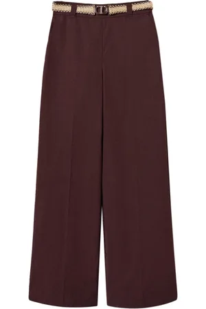 Twin-Set Broeken, Dames, Bruin, XS, Katoen, Elegante Palazzo Broek met Raffia Riem