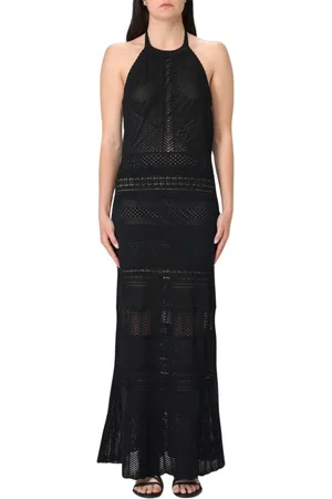 Twin-Set Kleedjes, Dames, Zwart, XS, Elegante Maxi Jurk met Haakdetail