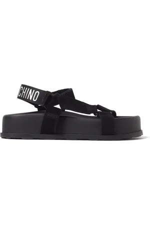 Moschino Schoenen, Dames, Zwart, 41 EU, Leer, Zwarte Sandaal met Logoprint en Plateauzool