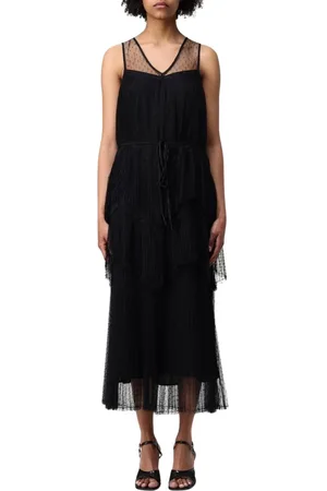 Twin-Set Kleedjes, Dames, Zwart, XL, Polyester, Elegante Geplooide Midi Jurk