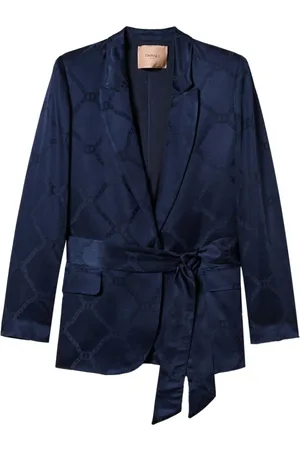 Twin-Set Jassen, Dames, Blauw, XS, Blauwe Jacquard Logo Blazer Jas