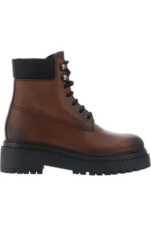 Prada Schoenen, Dames, Bruin, 38 EU, Leren enkellaarsjes vetersluiting ronde neus