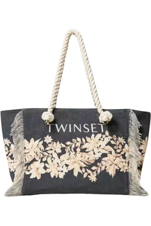 Twin-Set Tassen, Dames, Zwart, ONE Size, Katoen, Canvas Shopper Tas met Rafelige Randen