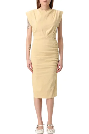 Pinko Kleedjes, Dames, Geel, S, Linnen, Militaire Stijl Linnen Midi Jurk