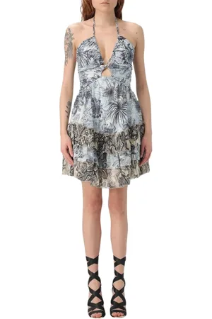 Roberto Cavalli Kleedjes, Dames, Veelkleurig, S, Blauwe Kant Midi Jurk Elegante Stijl