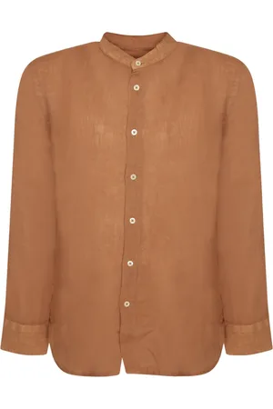 120% Lino Overhemden, Heren, Bruin, L, Linnen, Curry Linnen Mandarin Kraag Shirt