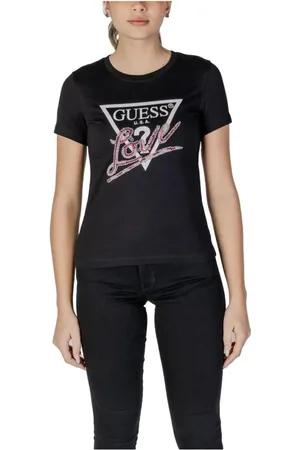 Guess Tops, Dames, Zwart, L, Katoen, Zwarte Rhinestone Logo Tee Crew Neck